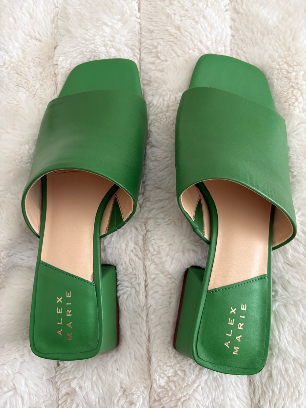 Alex Marie Green Leather Square-Toe Slide Mules  block heel Size 6